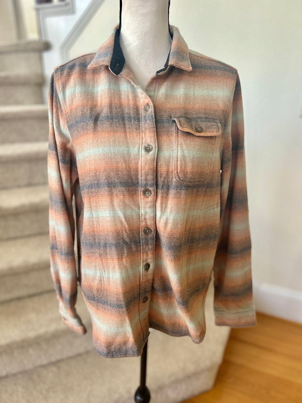 Woolrich Bering Wool Orange & Aqua Blue Stripe Button Down Shirt Jacket Shacket